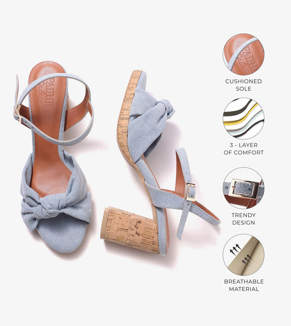 Denim Bow Detail Platform Heeled Sandals - Light Blue