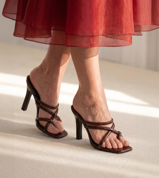 Asymmetric Strappy Tubular Heeled Sandals - Brown