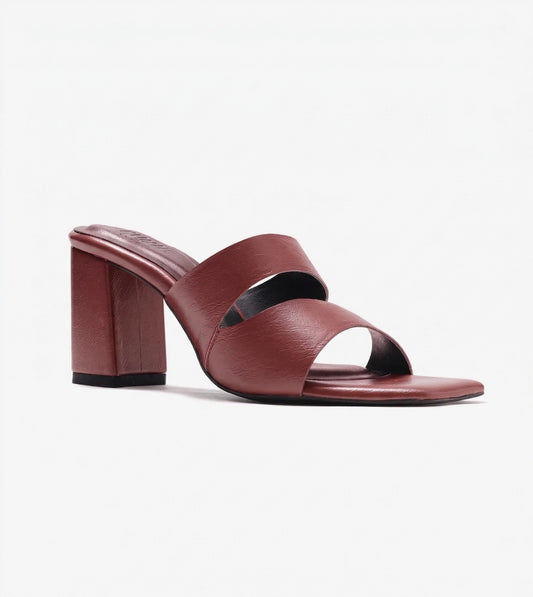 Asymmetric Cutout Block Heeled Slide Sandals - Maroon