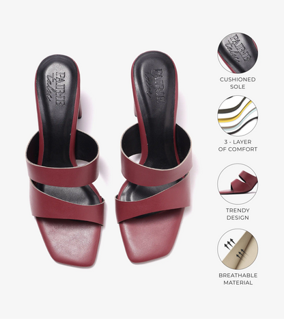Asymmetric Cutout Block Heeled Slide Sandals - Maroon