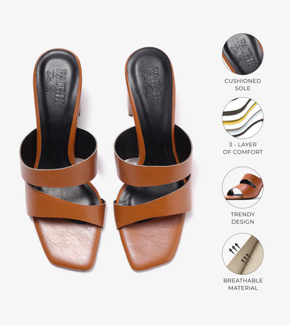 Asymmetric Cutout Block Heeled Slide Sandals - Tan