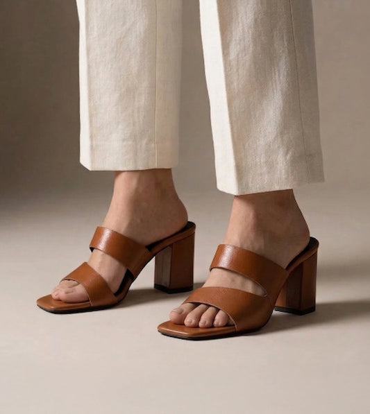 Asymmetric Cutout Block Heeled Slide Sandals - Tan