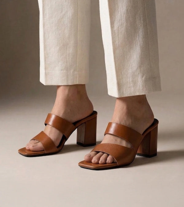 Asymmetric Cutout Block Heeled Slide Sandals - Tan
