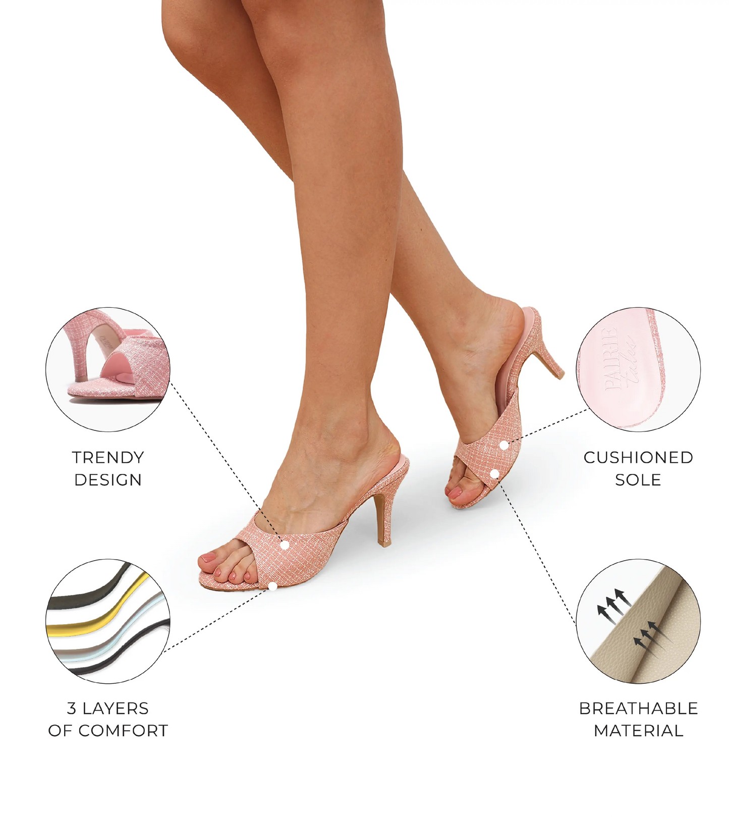 Almond Toe Stiletto Tweed Mules - Pink