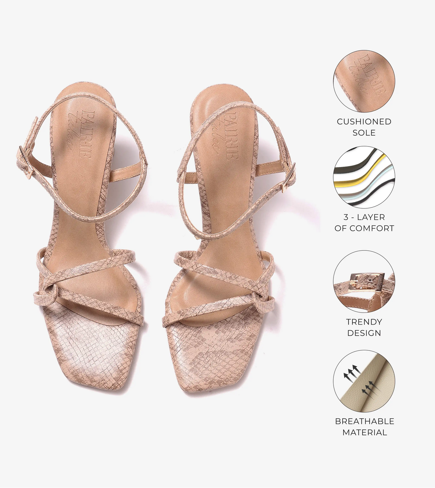 Snake Print Strappy Heeled Sandals - Beige