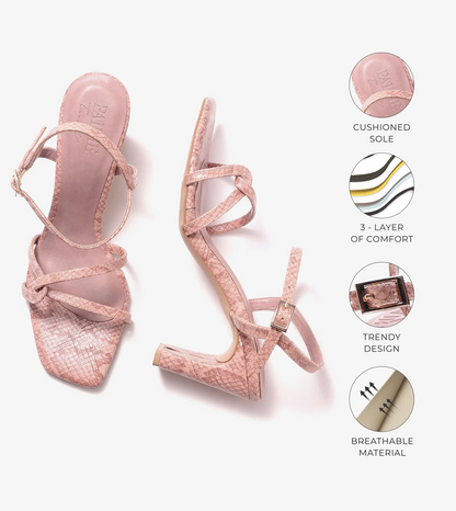 Snake Print Strappy Heeled Sandals - Blush Pink