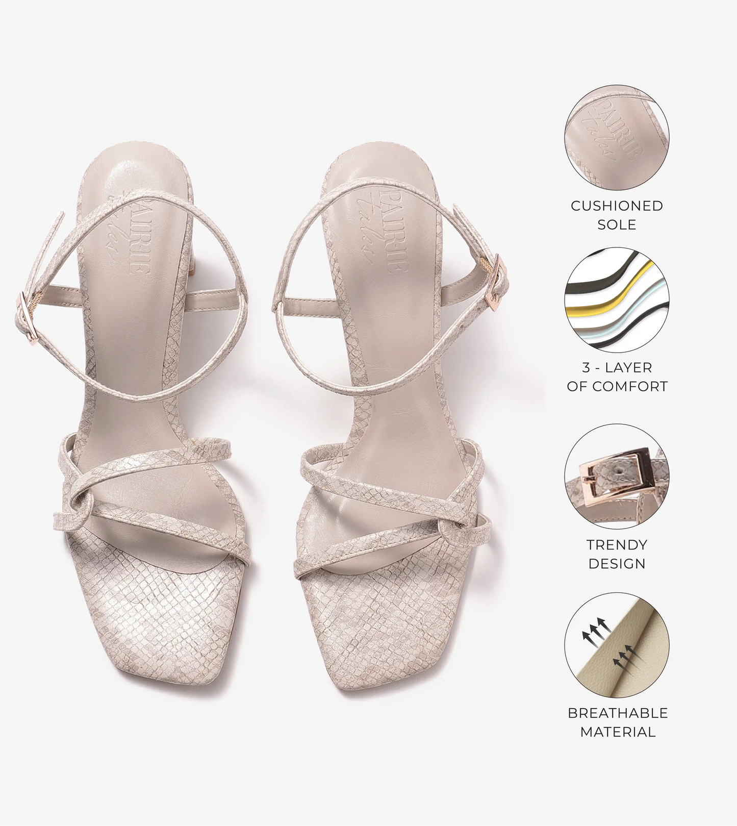 Snake Print Strappy Heeled Sandals - Stone