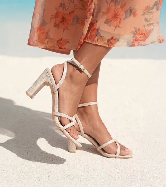 Snake Print Strappy Heeled Sandals - Stone