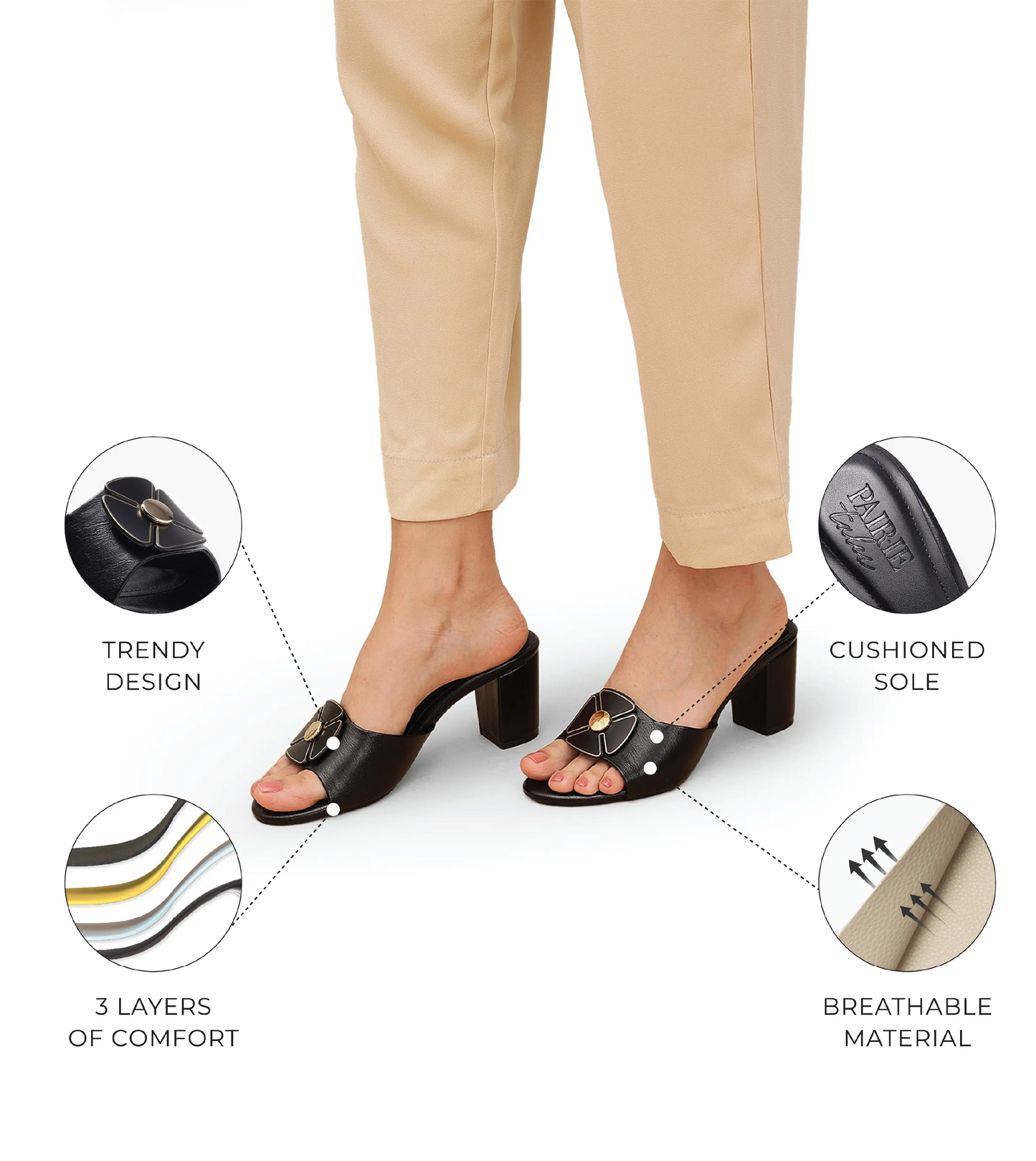 Floral Metallic Adornment Block Heeled Sandals - Black