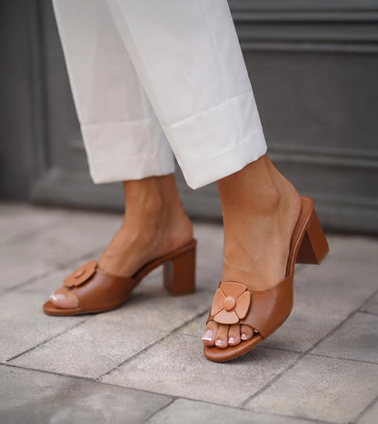 Floral Metallic Adornment Block Heeled Sandals - Tan