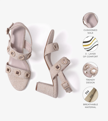 Jute Block-Heel Sandals With Metal Appliques - Beige