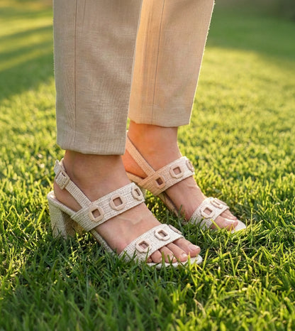 Jute Block-Heel Sandals With Metal Appliques - Beige