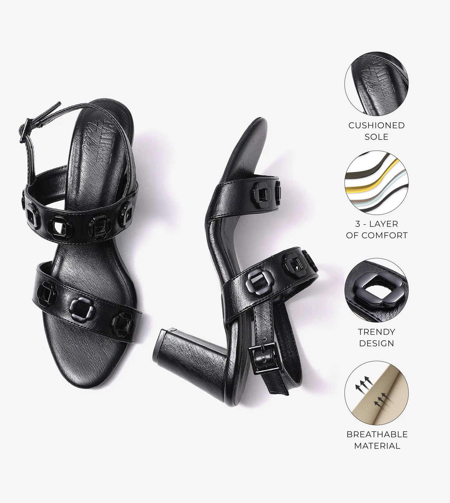 Block-Heel Sandals With Metal Appliques - Black