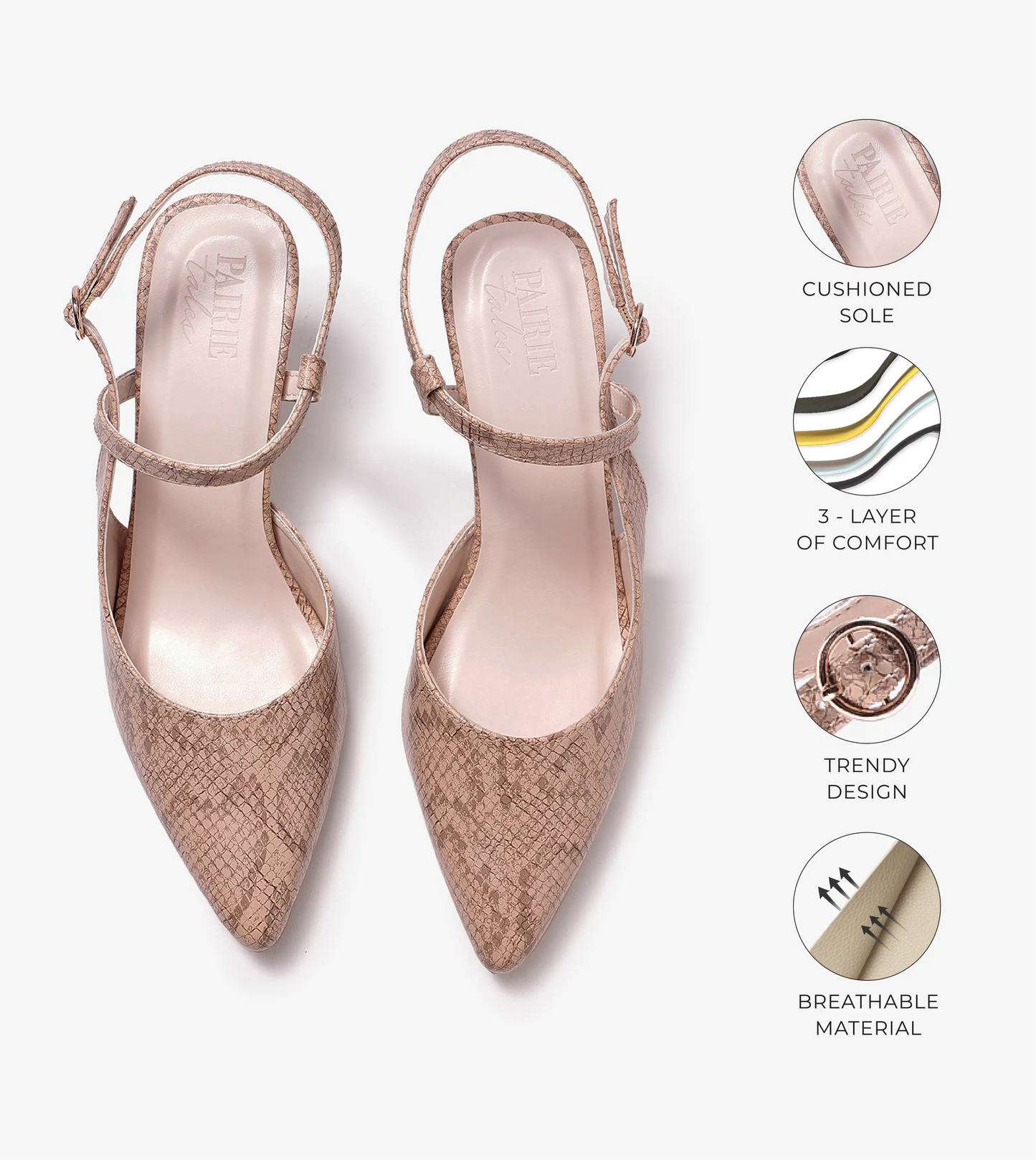 Snake Print Pointed Toe Slingback Pumps - Beige