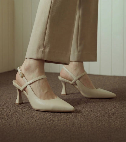 Slingback Pointed Toe Pumps - Cream
