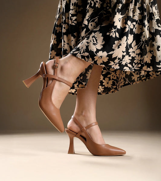 Slingback Pointed Toe Pumps - Tan