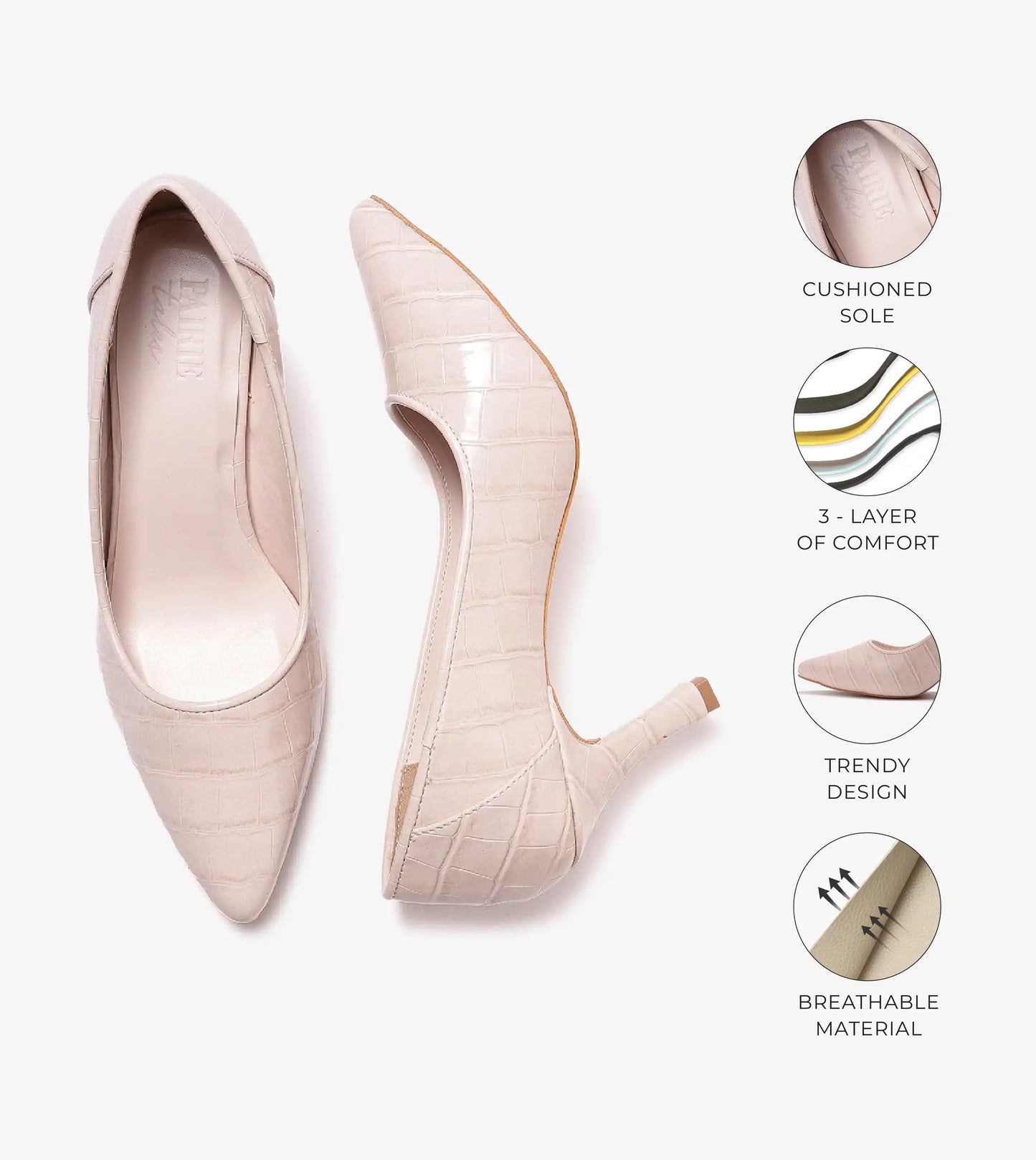 Patent Croc-Effect Print Pointed Toe Pumps - Cream