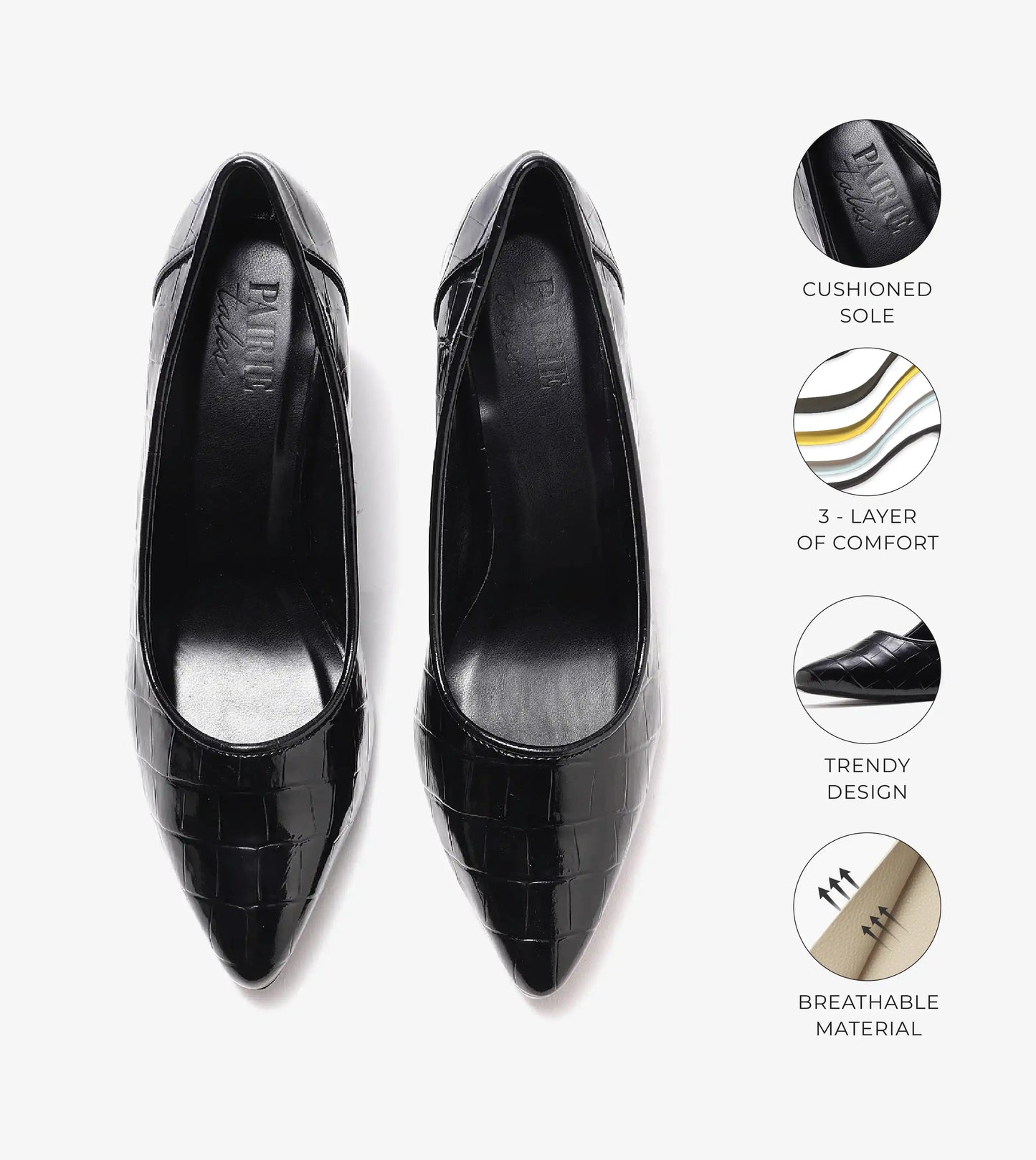 Patent Croc-Effect Pointed Toe Pumps - Black