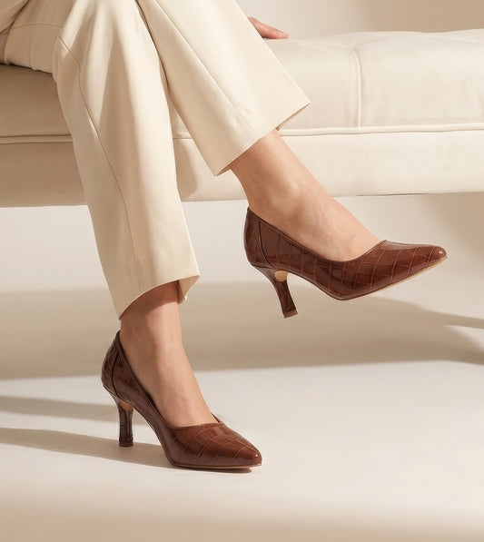 Patent Croc-Effect Print Pointed Toe Pumps - Brown