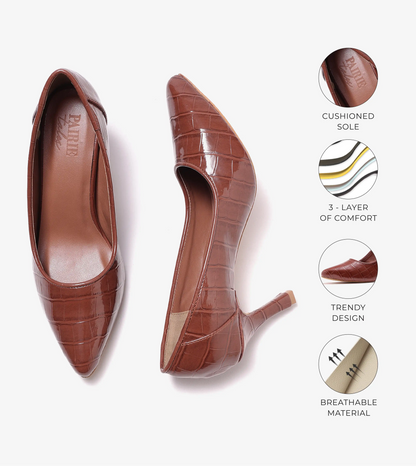 Patent Croc-Effect Print Pointed Toe Pumps - Brown
