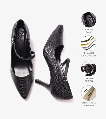 Asymmetric Textured Snake-Print Strappy Heeled Pumps - Black