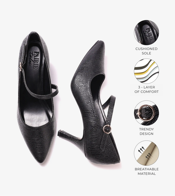 Asymmetric Textured Snake-Print Strappy Heeled Pumps - Black