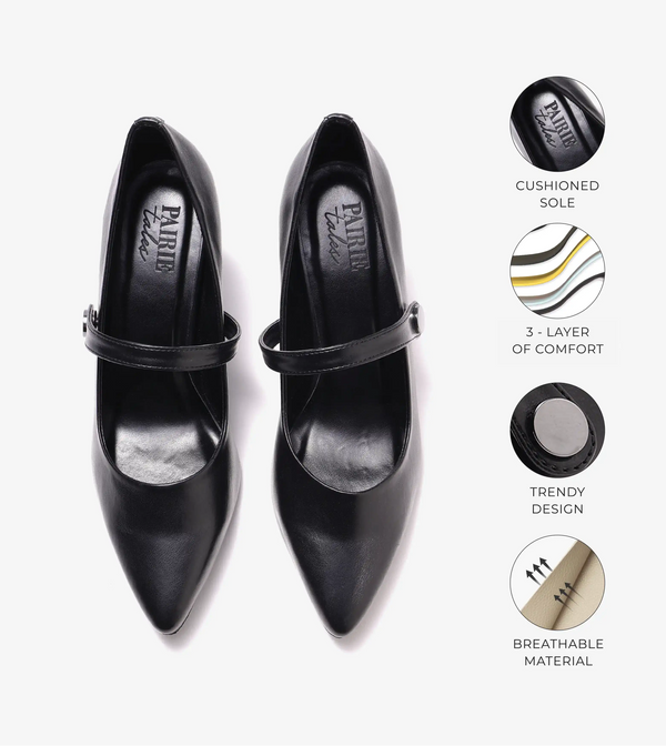Pointed Toe Mary Jane Pumps - Black