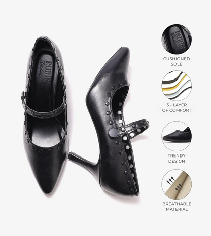 Pointed Toe Studded Mary Jane Pumps - Black