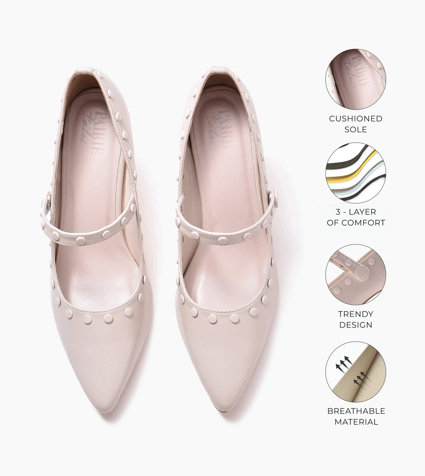 Pointed Toe Studded Mary Jane Pumps - Cream