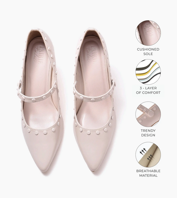 Pointed Toe Studded Mary Jane Pumps - Cream