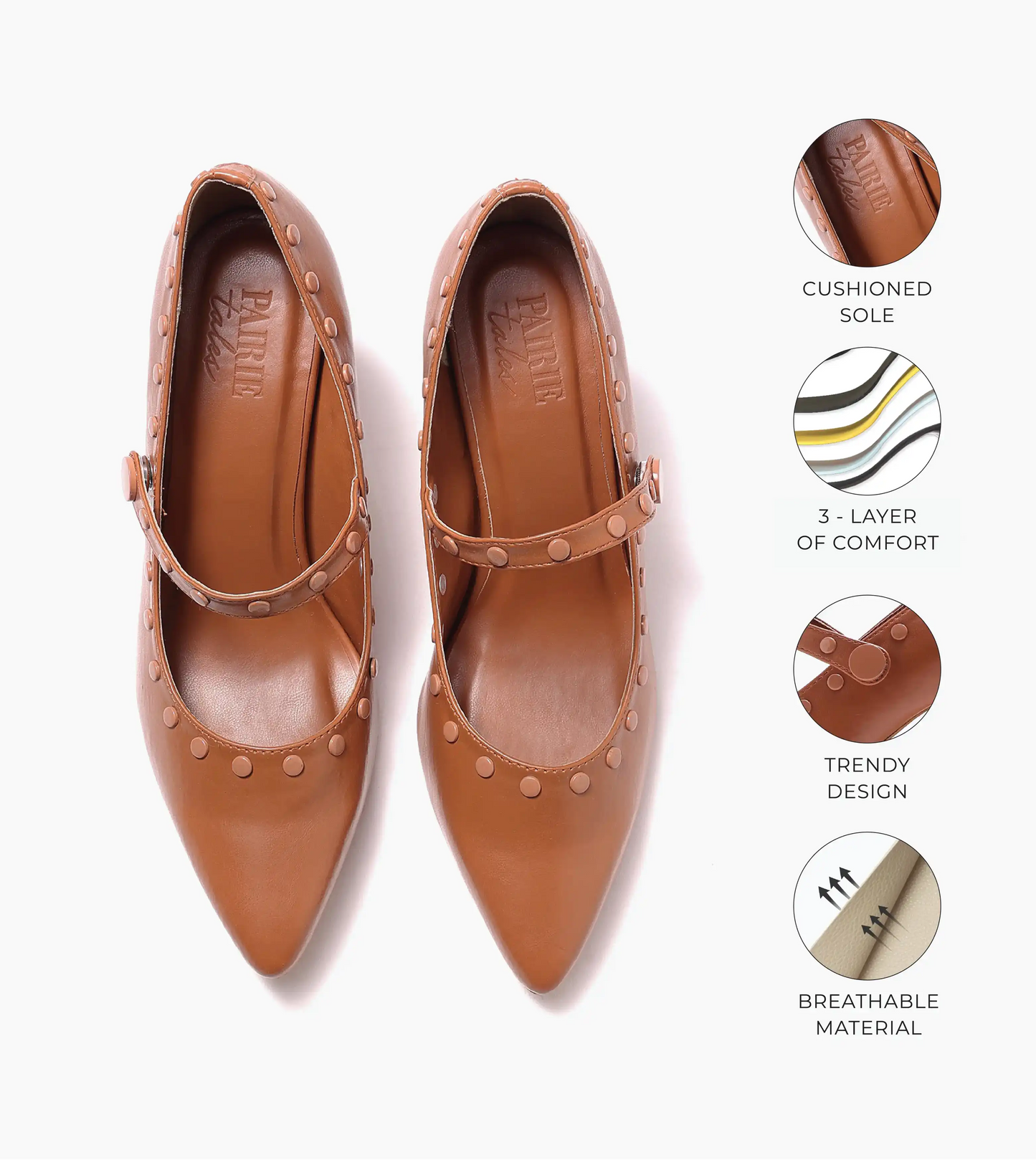 Pointed Toe Studded Mary Jane Pumps - Tan