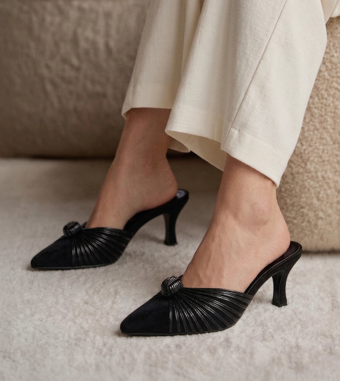 Suede Knotted Stiletto Mules - Black