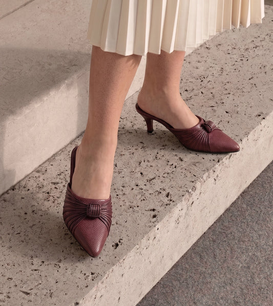 Suede Knotted Stiletto Mules - Wine
