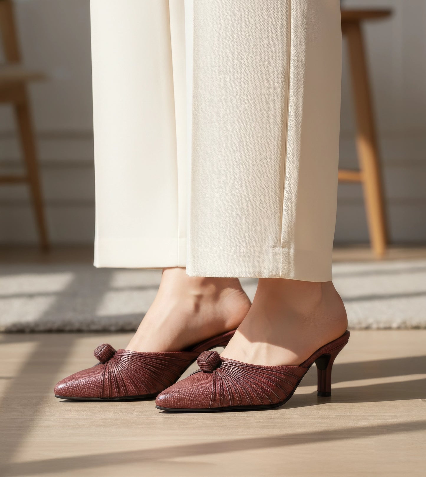 Suede Knotted Stiletto Mules - Wine