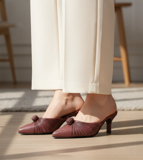 Suede Knotted Stiletto Mules - Wine