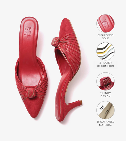 Knotted Pointed Toe Suede Heels - Red