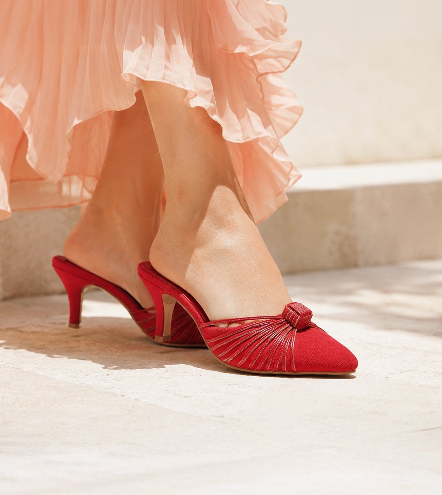 Suede Knotted Stiletto Mules - Red