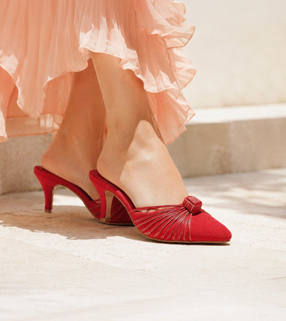 Suede Knotted Stiletto Mules - Red