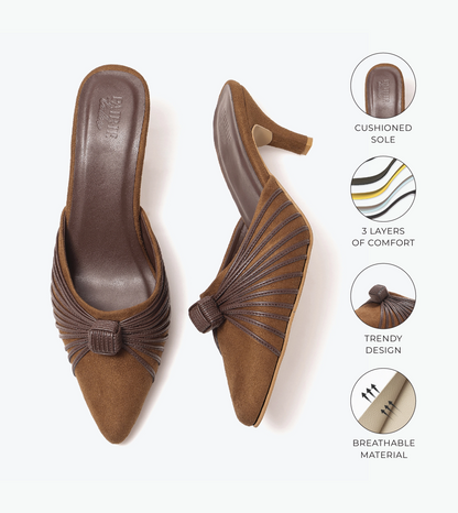 Suede Knotted Stiletto Mules - Brown