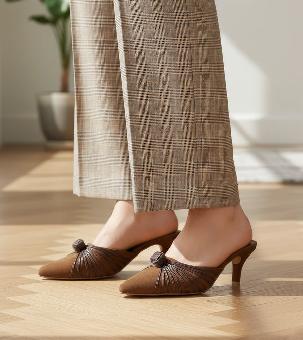 Suede Knotted Stiletto Mules - Brown