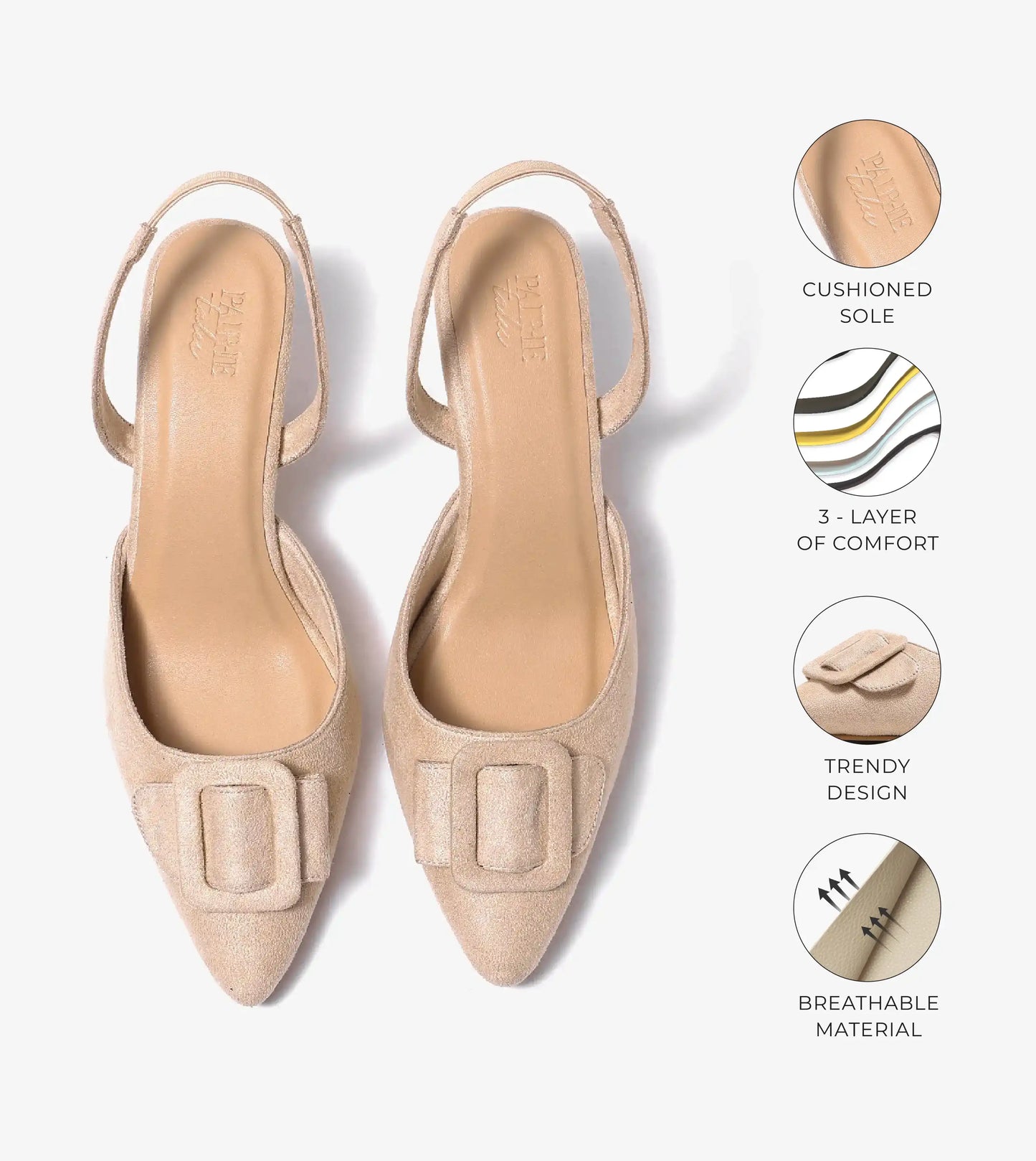 Slingback Pointed Toe buckle detail heels - Beige