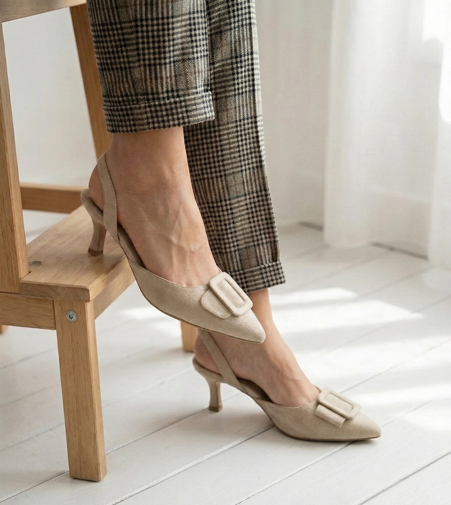 Slingback Pointed Toe buckle detail heels - Beige