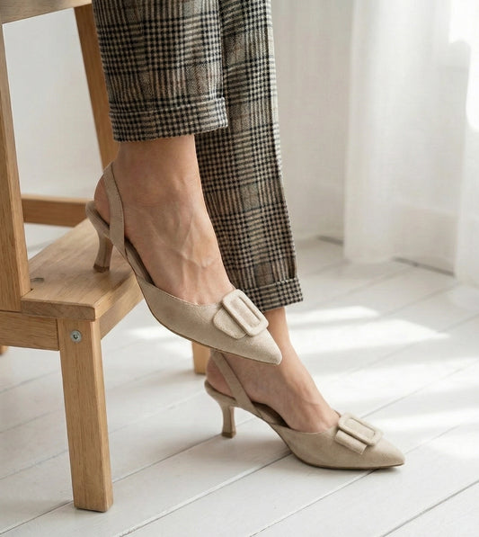 Slingback Pointed Toe buckle detail heels - Beige