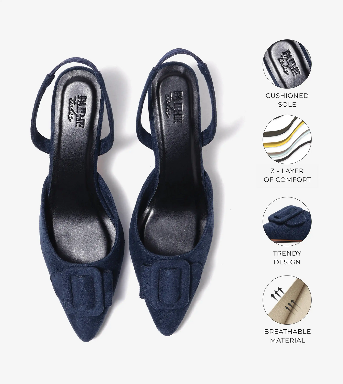Slingback Pointed Toe buckle detail heels - Navy