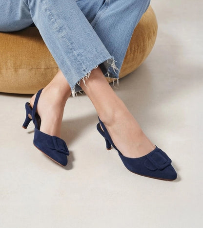 Buckle Pointed Heels - Navy Blue