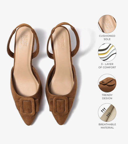 Slingback Pointed Toe buckle detail heels - Brown