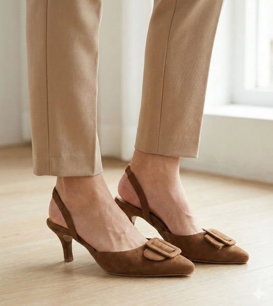 Slingback Pointed Toe buckle detail heels - Brown