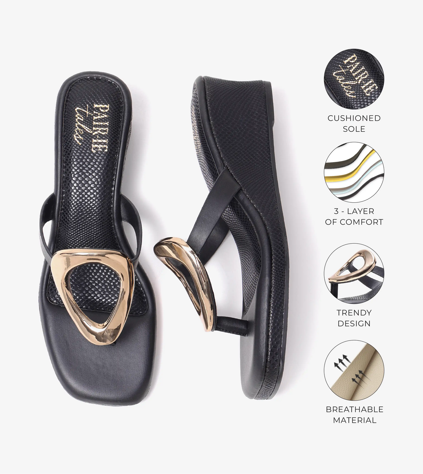 Golden Trim T-Strap Wedges - Black