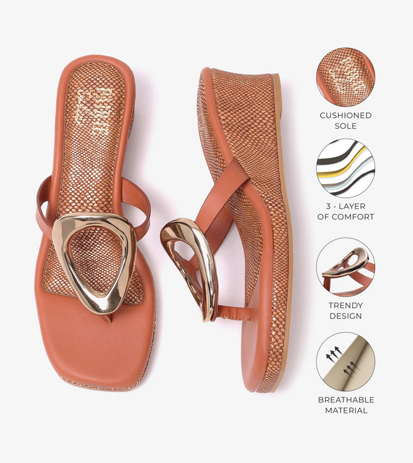 Golden Trim T-Strap Wedges - Tan
