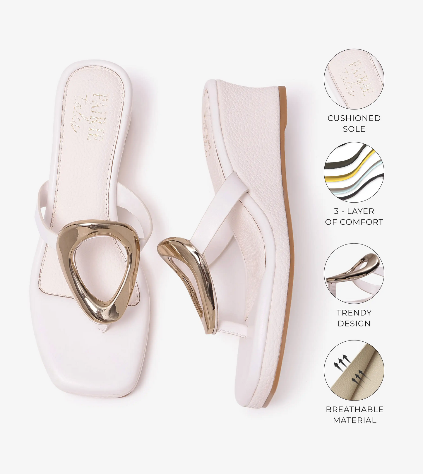 Golden Trim T-Strap Wedges - White